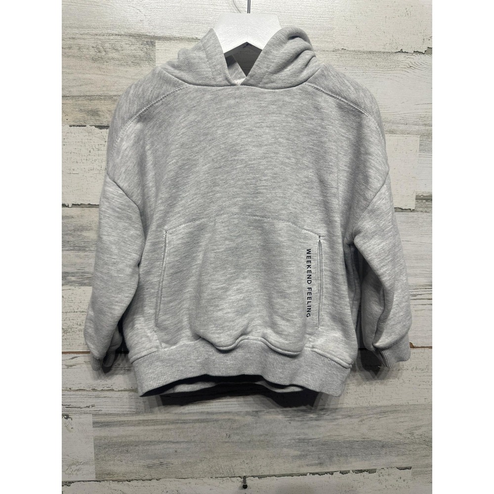 Zara Hoodie Kids Size 2-3Y Gray Weekend Feeling Graphic Pocket Sweatshirt EUC